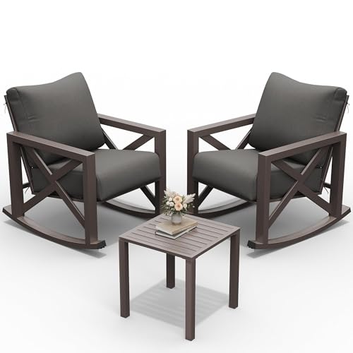 UDPATIO Outdoor Rocking Chair Set of 2 with Coffee Table, 3 Piece Metal Patio Furniture Set with 6.5" Water-Resistant Cushions, Oversized, 350lbs Heavy-Duty, for Porch, Patio, Balcony, Dark Grey