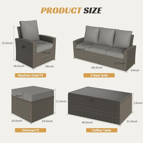 Outdoor Patio Furniture Set 6 Piece Wicker Rattan Sectional Sofa Conversation Sets with Adjustable Recliner Chairs and Storage Coffee Table for Backyard Porch Balcony Garden Deck(White)