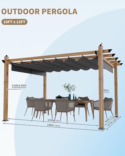 KYBOLT 10x13 Ft Outdoor Pergola with Retractable Canopy Upgraded Wood Grain Patio Pergola for Modern Backyard Deck Porch Grape Trellis - Gray