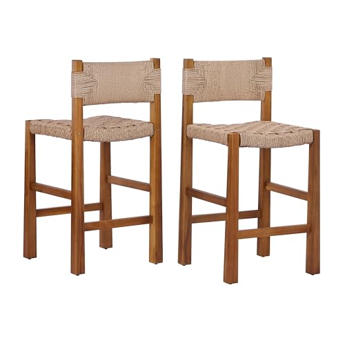 Christopher Knight Home 2-Pack Outdoor Counter Height Bar Stools with Backrest, Acacia Wood Frame Woven Wicker, 28" Patio Bar Chairs with Teak Finish for Deck Balcony Outdoor Bar Table, Light Brown
