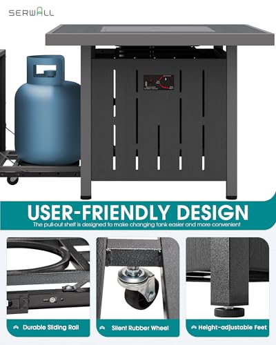 SERWALL 33" Outdoor Fire Pit Table, 50,000 BTU Square Propane Fire Pit Table with Lid, Glass Rock & Glass Wind Guard, HDPE Outdoor Furniture for Patio, Garden, Backyard, Black