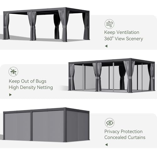 Aoxun Louvered Pergola 12x20 All-Aluminum Outdoor Gazebo with Independent Adjustable Roofs, Waterproof Curtains and Netting, Integrated Drainage System for Patios & Backyard