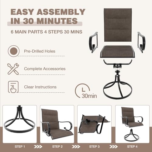 MELLCOM Patio Swivel Chair Set of 2, High Back Padded Textilene Outdoor Dining Chairs with E-Coating Metal Frame, All-Weather Outdoor Furniture Rocker for Backyard, Porch, Garden, Lawn, Brown