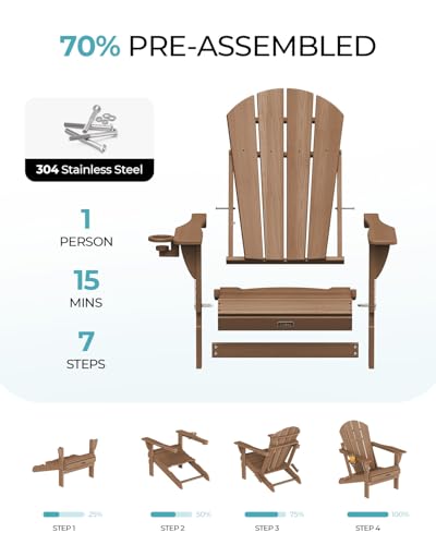 Ciokea Folding Adirondack Chair Wood Texture, Patio Adirondack Chair Weather Resistant, Plastic Fire Pit Chair with Cup Holder, Lawn Chair for Outdoor Porch Garden Backyard Deck (Teak)