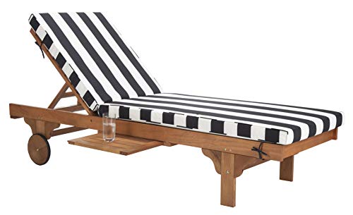 SAFAVIEH Outdoor Collection Newport Natural/ Black & White Stripe Cushion Built-in Side Table Adjustable Chaise Lounge Chair