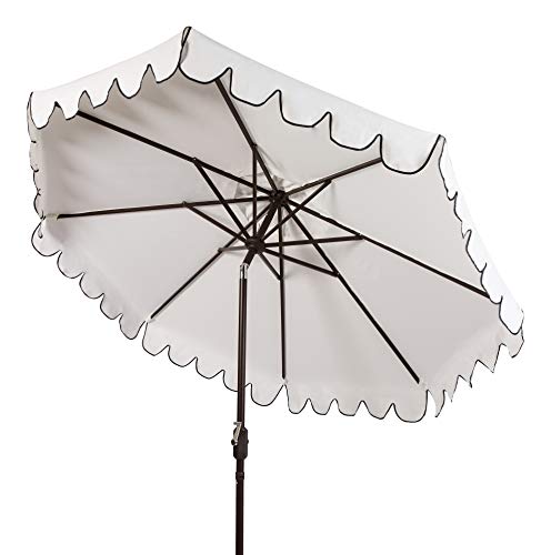 SAFAVIEH Outdoor - Venice 9-Foot Crank Patio Umbrella - Ivory & Black Canopy - Brown Aluminum Pole - Single Scallop Trim Design - Ideal for Patio, Deck, Poolside, Backyard (PAT8010E)