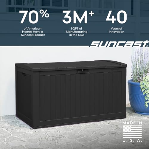 Suncast 134-Gal. Resin Extra-Large Outdoor Patio Deck Box with Pad-Lockable Lid, Modern Outdoor Patio Bench/Storage Box for Cushions, Garden Tools, and More, Iron Ore