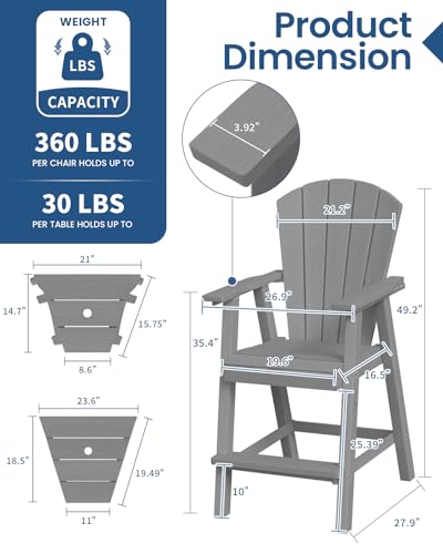 Ciokea Tall Adirondack Chairs Set of 2, HDPE Outdoor Adirondack Bar Stools with Double Connecting Tray, Weather Resistant High Back Adirondack Balcony Chairs for Deck, Lawn, Pool, Backyard, Grey