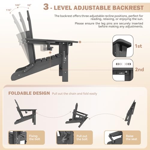 Mdeam Oversized 3-Level Adjustable Adirondack Chairs Set of 2, 400LBS Capacity HDPE Heavy Duty Tanning Chair with Cup Holder, All-Weather Folding Fire Pit Outdoor Chair for Patio Garden Lawn - Grey