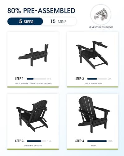 MUCHENGHY Folding Adirondack Chairs Patio Chairs Outdoor Adirondack Chair Weather Resistant Chair for Patio, Outside, Deck, Backyard, Fire Pit Chair, Campfire Chairs (Black)