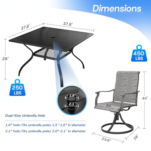 bigget Outdoor Dining Set with Swivel Chairs Set for 4, 5 Piece Modern Outdoor Patio Table and Chairs 450LBS Highback, Powder-Coated Black Wrought Iron Square Table Set for Outside, Grey