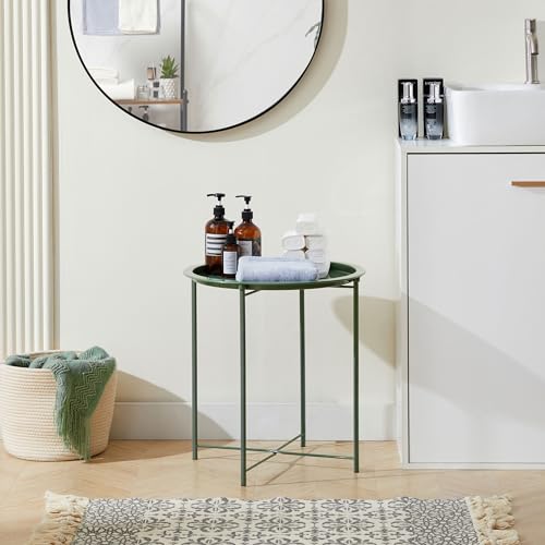 VECELO Side/End Table, Folding Round Metal Anti-Rust and Waterproof Outdoor or Indoor Tray for Living Room Bedroom Balcony and Office, 2 PCS, Dark Green