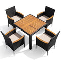 Devoko 5 PCS Furniture, Patio Conversation Set with Acacia Wood Top, Rattan Outdoor Dining Table and Chairs for Backyard, Garden, Deck, Black