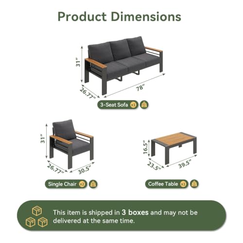 Aoxun Patio Furniture Set, 5 Piece Aluminum Patio Sets with 5" Thicken & Washable Cushion, Waterproof Outdoor Furniture with Coffee Table, Outdoor Couch Sectional for Backyard, Porch and Garden