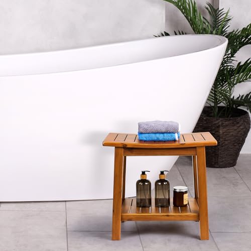 Upolana Teak Shower Bench, 20" Solid Wood Shower Stool Waterproof Shower Seat with Storage Shelf for Bathroom, Indoor & Outdoor Use
