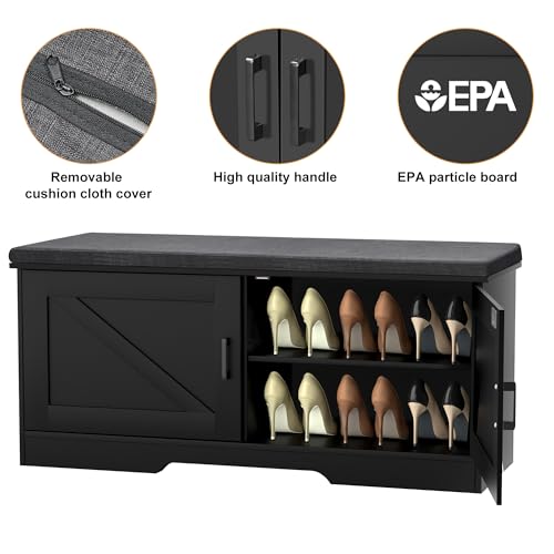 HOMSHO 2-Tier Storage Bench, 39.4" Wide Shoe Bench with Padded Seat Cushion, Entryway Bench with 2 Barn Doors and Adjustable Shelf, Black