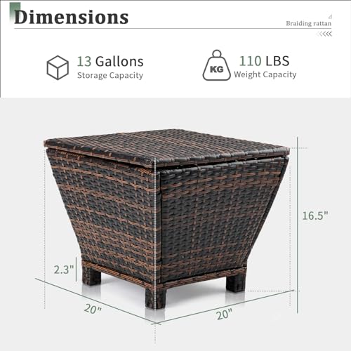 VINGLI Outdoor Side Table with Storage, 13-Gallon Patio Deck Box Outdoor Wicker Side Table for Poolside Balcony Storage Table (Brown, Trapezoid)