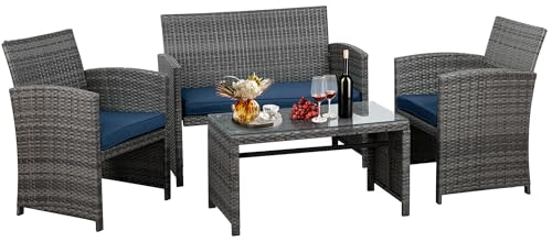 JAMFLY 4 Piece Outdoor Patio Furniture Set, Outdoor Wicker Rattan Chairs Conversation Sets with Cushions & Coffee Table for Outside, Garden, Balcony, Porch, Dark Blue