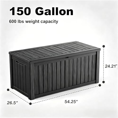 KFY 150 Gallon Large Outdoor Storage Box Waterproof, UV Resistant Resin Deck Box with Hydraulic Rod & Lockable Latch for Patio Furniture, Outside Storage Box for Garden Tools, Patio Cushions, Black