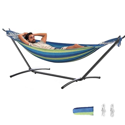 ANAGOO Double Hammock with Stand, 2 Person Hammock with Anti-Rollover Spreader Bar, Adjustable Height Heavy Duty Steel Stand, 500LB Capacity Portable Hammock for Patio Backyard Camping, Wide Blue