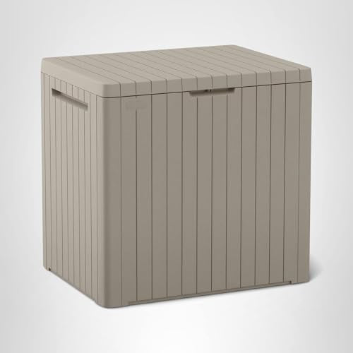 Keter City 30 Gallon Resin Outdoor Storage Box and Patio Furniture Side Table for Pool and Garden Accessories, Beige