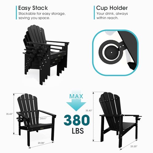 THOEOE Stackable Adirondack Chair Set of 4, HDPE All-Weather Adirondack Chairs - Durable and Space Saving, Plastic Outdoor Fire Pit Chairs with Cup Holder,Black