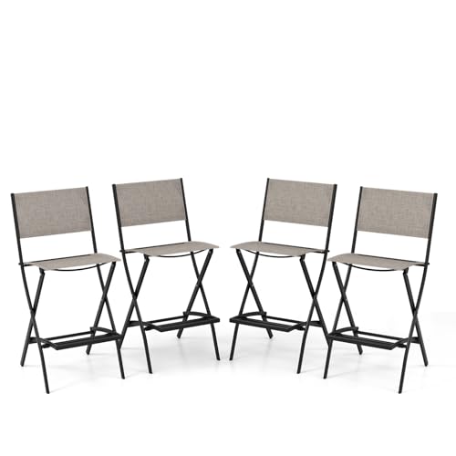 COSTWAY Outdoor Patio Bar Chair Set of 4, Folding Counter Height Stool with Metal Frame & Footrest, Patio Bar Stool for Balcony, Garden & Poolside (4, Coffee)