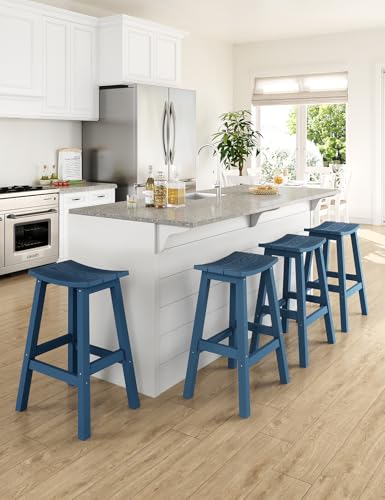 LAHAAP Weatherproof Bar Stools Set of 4, 28" Height Outdoor Bar Stools Holds up to 400 lbs, Saddle Seat, Bar Height Stools for Patio, Garden, and Kitchen Island, Blue