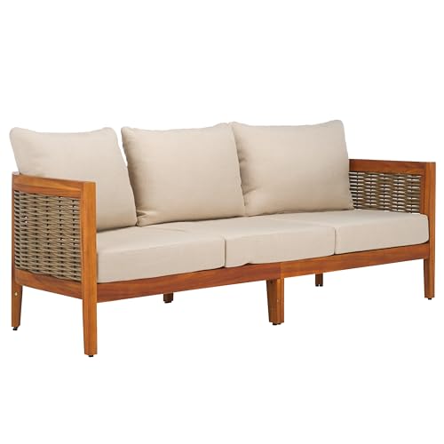 SAFAVIEH Outdoor Collection Amanda Natural Acacia Solid Wood/Taupe Cushion 3-Seater Sofa