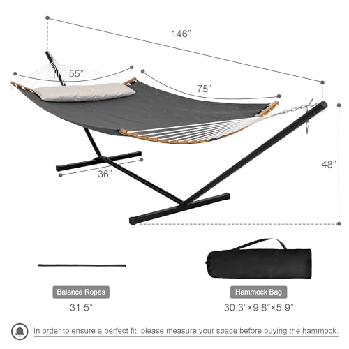 Mansion Home Double Hammock with Stand, Quick Dry Hammock with 12FT Stand for Outside, Poolside, 450 Lbs Capacity, Dark Grey