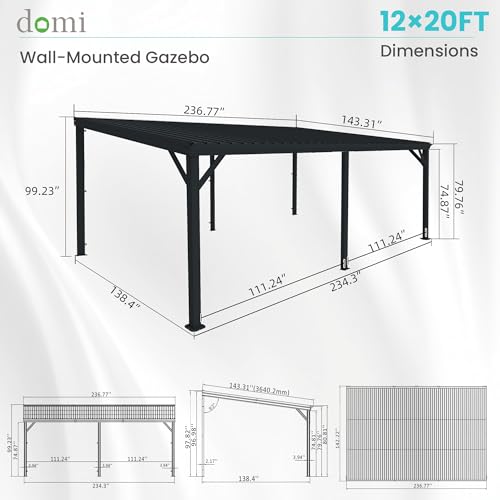 Domi 12' x 20' Lean to Gazebo, Wall Mounted Gazebos Pergola with Built in Drainage System, Galvanized Steel Roof, Hardtop Patio Shelter for Deck, Porch, Backyard and More