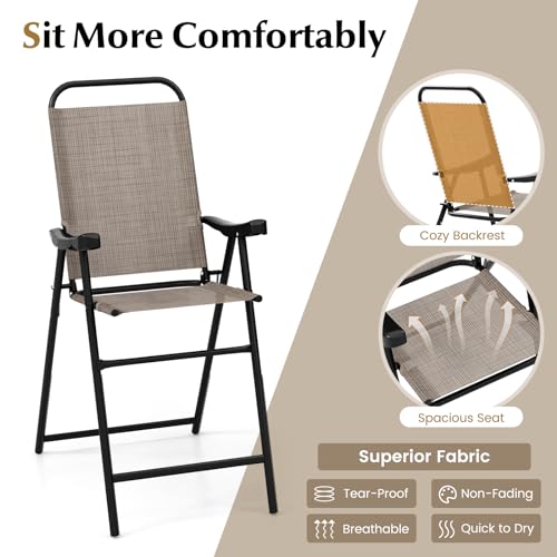 COSTWAY 2 Pieces Patio Folding Bar Chairs, High Top Patio Bar Chair with Metal Frame & Footrest, Outdoor Counter Height Chairs for Balcony, Garden & Poolside, Coffee (1, Coffee)