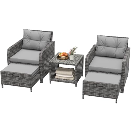LHBcraft Outdoor Furniture 5 Piece Patio Conversation Set, PE Rattan Patio Set with Soft Cushions & Coffee Table, Outside Furniture with Hidden Ottoman for Porch, Lawn, Garden, Balcony, Grey