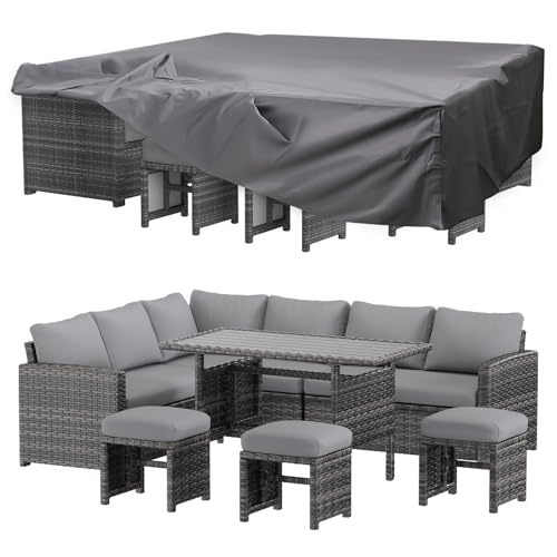 U-MAX 7 Pieces Patio Furniture Set with Waterproof Cover, Outdoor Sectional Sofa Conversation Set, All Weather Wicker Rattan Dining Table & Chair with Ottoman, Grey Rattan&Grey Cushion