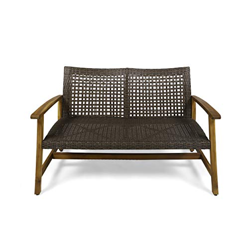 Great Deal Furniture Marcia Outdoor Wood and Wicker Loveseat, Natural Finish with Mix Mocha Wicker,Mix Mocha, Natural Stained Finish,307798