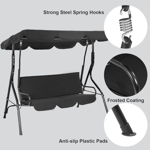 Patio Swing Sturdy Outdoor Swing Chair Stable Porch Swing Easy Setup Patio Swing with Canopy Adjustable Tilt Armrests Steel Frame for Patio Outdoor Porch Backyard, Black