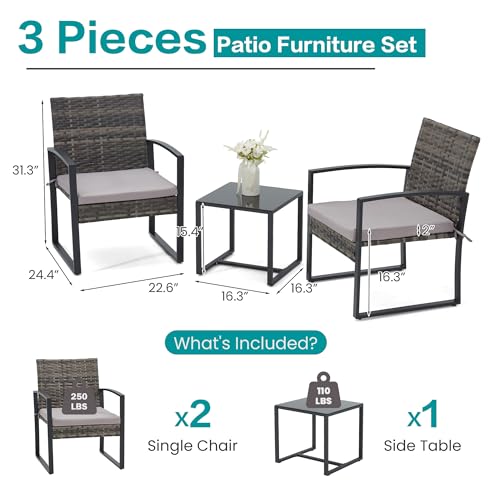 Bezseller 3 Pieces Patio Furniture Set, Outdoor Rattan Bistro Set with Coffee Table, Durable Steel Frame with Strapped Cushions for Garden, Balcony, Poolside, Backyard