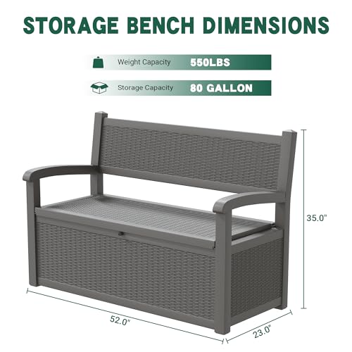 GULAIMOAO 80 Gallon Outdoor Storage Box, Resin Patio Furniture with Armrest, Lockable Deck Box with Waterproof and UV Resistant for Patio Cushions, Garden Tools and Pool Supplies, Grey