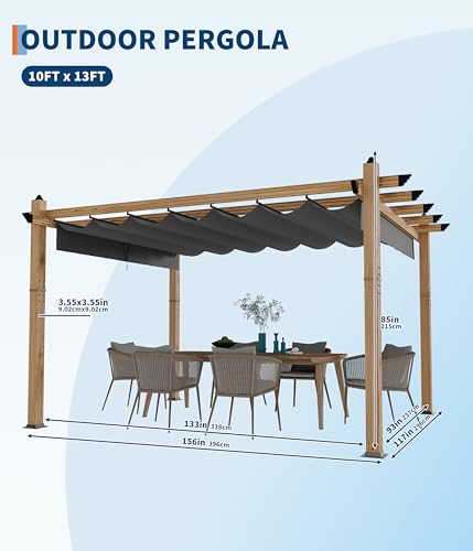 GarveeLife 10 x 13 ft Wood-Grain Outdoor Pergola with Retractable Canopy UV Protection Rust-Resistant Sturdy 4-Side Base for Patio Garden Backyard Deck (Gray)