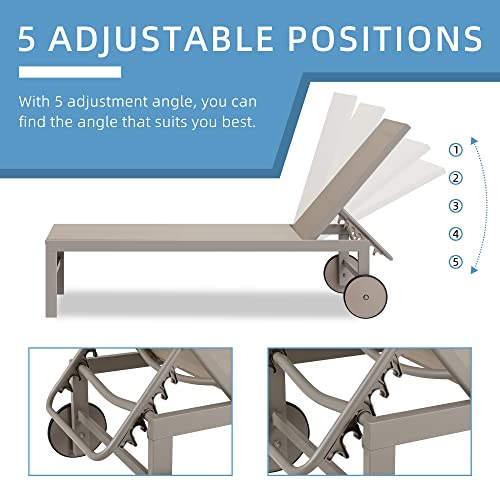 Shintenchi 2 PCS Outdoor Chaise Lounges Chair with Wheels Aluminum Reclining Patio Lounge Chairs with 5 Adjustable Position Recliner for Patio, Beach, Yard, Pool Patio Furniture Set,Khaki