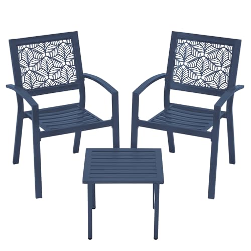 BUPPLEE 3 Piece Patio Bistro Set, Outdoor Steel Furniture Set, Stackable Modern Conversation Sets for Balcony Garden Deck Patio w/2 Chairs 1 Table, Peacock Blue