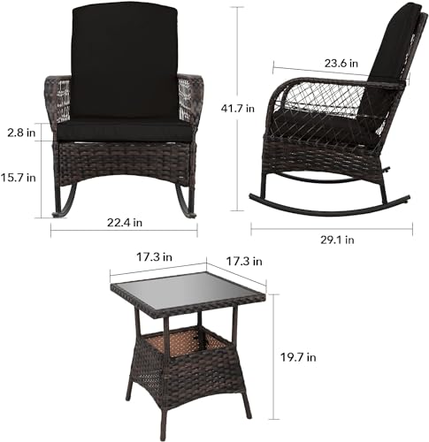 LEVELEVE 3 pcs Rocking Bistro Set Conversation Chairs PE Wicker Outdoor Rocking Chairs & Glass Table,for Porch Lawn Garden Backyard Deck(Rocking Set,Black)