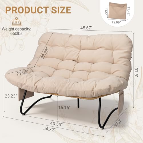 Outvita Outdoor Patio Loveseat, All Weather Double Papasan Chair with Side Storage Pocket, 6’’ Thick Cushion, 4 Adjustable Support Feet, 2 Seat PE Rattan Couch for Backyard Patio Garden Balcony(Beige)