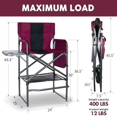 Foristrail 30" Tall Directors Chair with Side Table, 400LBS Bar Height Folding Camping Chair for Makeup Artists, Outdoor Events, Portable Foldable Chair with Cup Holder & footrest - Wine Red/Black