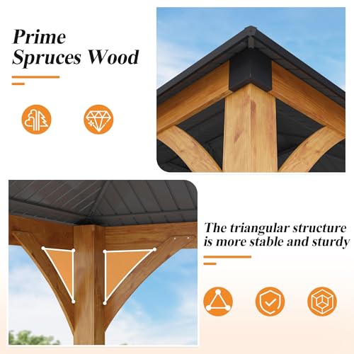 GARTOO 11’x 13’ Outdoor Spruce Wood Gazebo - Patio Hardtop Gazebo Permanent Wooden Pavilion with 2 Shelves, Galvanized Steel Double Roof Wooden Gazebos for Garden, Porch, Lawn, Poolside, Backyard