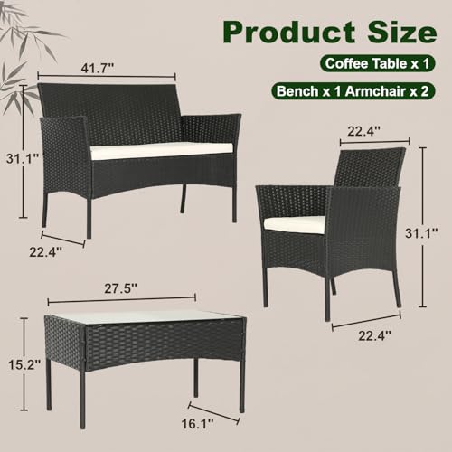 FDW | 4-Piece Patio Furniture Set | Black | Outdoor Wicker Furniture with Coffee Table | Modern Rattan Chairs Conversation Set | Outdoor Seating | Weather-Resistant | for Porch, Garden, Lawn