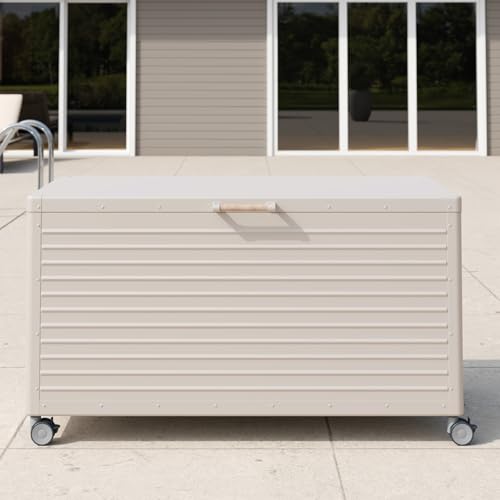MIRADOR 175 Gallon Outdoor Storage Box with Wheels & Soft-Close Lid, Waterproof Metal Deck Box for Patio Cushions, Garden Tools & Pool Accessories, Latte