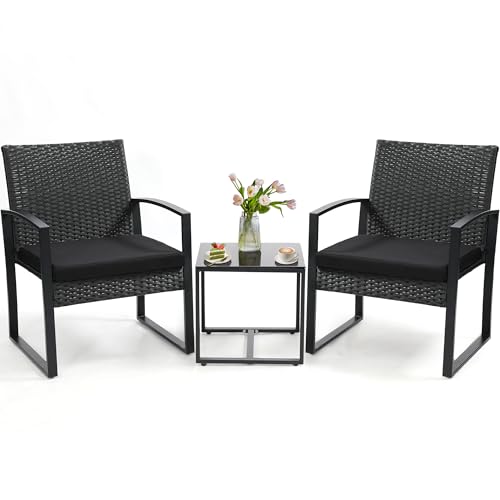 Skandiquip 3 Piece Outdoor Wicker Bistro Set, Rattan Patio Conversation Set with Coffee Table & Washable Cushions for Porch Yard Balcony, Black/Black