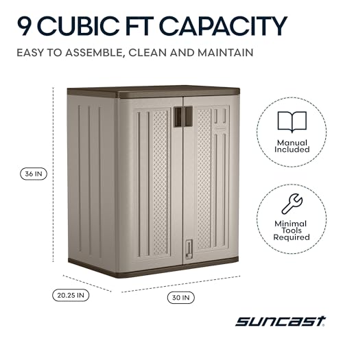 Suncast Base Storage Cabinet for Garage Organization - 9 Cu. Ft. Lockable 2-Shelf Organizer for Garden Supplies, Paint Cans & Outdoor Tools, Multi-Wall Resin Construction, Platinum