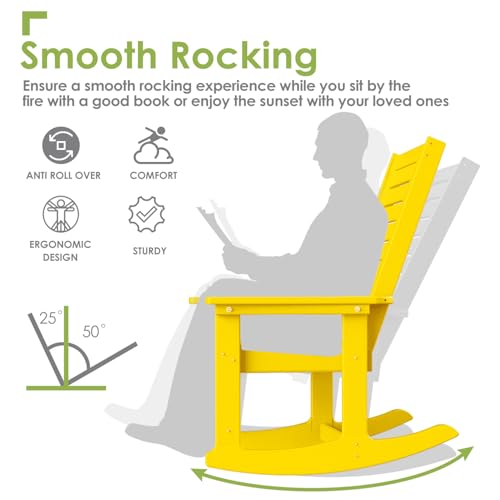GREENVINES Outdoor Rocking Chairs | Set of 2 | Porch Rocker | HDPE Plastic | Yellow | Oversized Rockers | High Back | Big & Tall | Ladder Back | for Patio Outside Backyard Balcony Garden